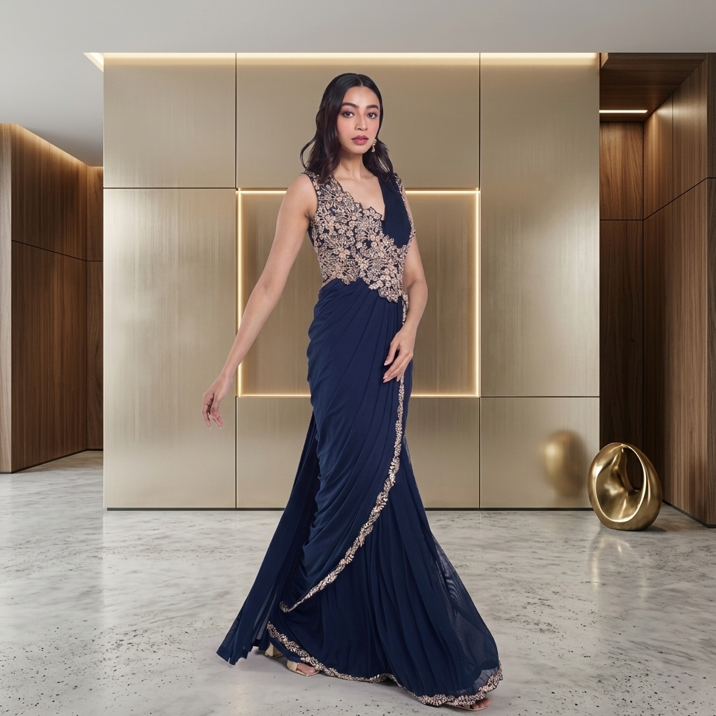 Elegant navy blue saree with embroidered blouse for women, modern Indian women clothing style